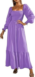 Women's Square Neck Puff Sleeve Hem Elegant Long Sleeve Maxi Dress - Image 2
