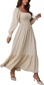 Women's Square Neck Puff Sleeve Hem Elegant Long Sleeve Maxi Dress - Image 3